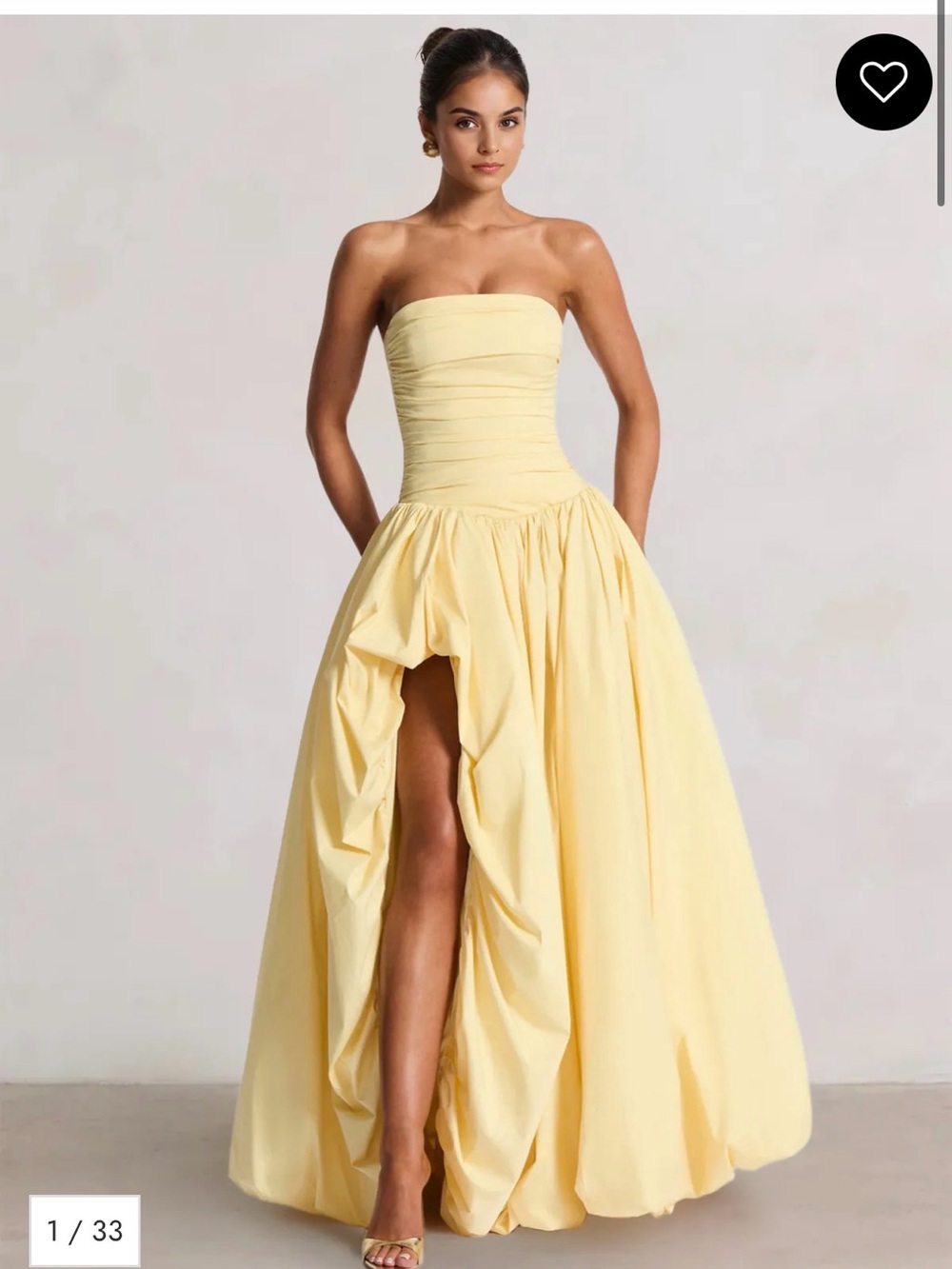 Strapless Pale Yellow Ball Gown with High Front Slit (See Description)